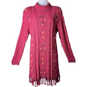 Vintage 80s Magenta Cable Knit Sweater Dress Fringe Embroidered Medium